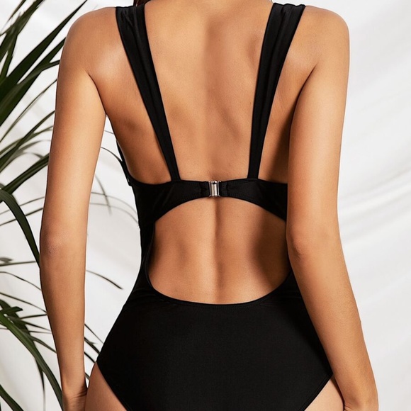 Shein Other - Leopard Trim Plunging One Piece Swimsuit